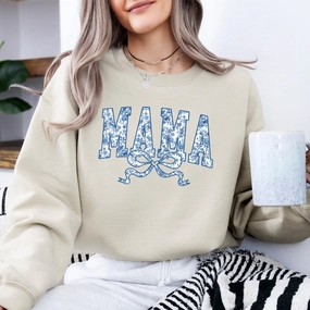 Mama Blue Floral Coquette Bow Sweatshirt Holiday Collection - vacation wear sale