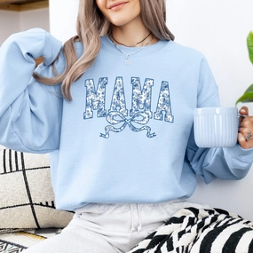 Mama Blue Floral Coquette Bow Sweatshirt Holiday Collection - vacation wear sale