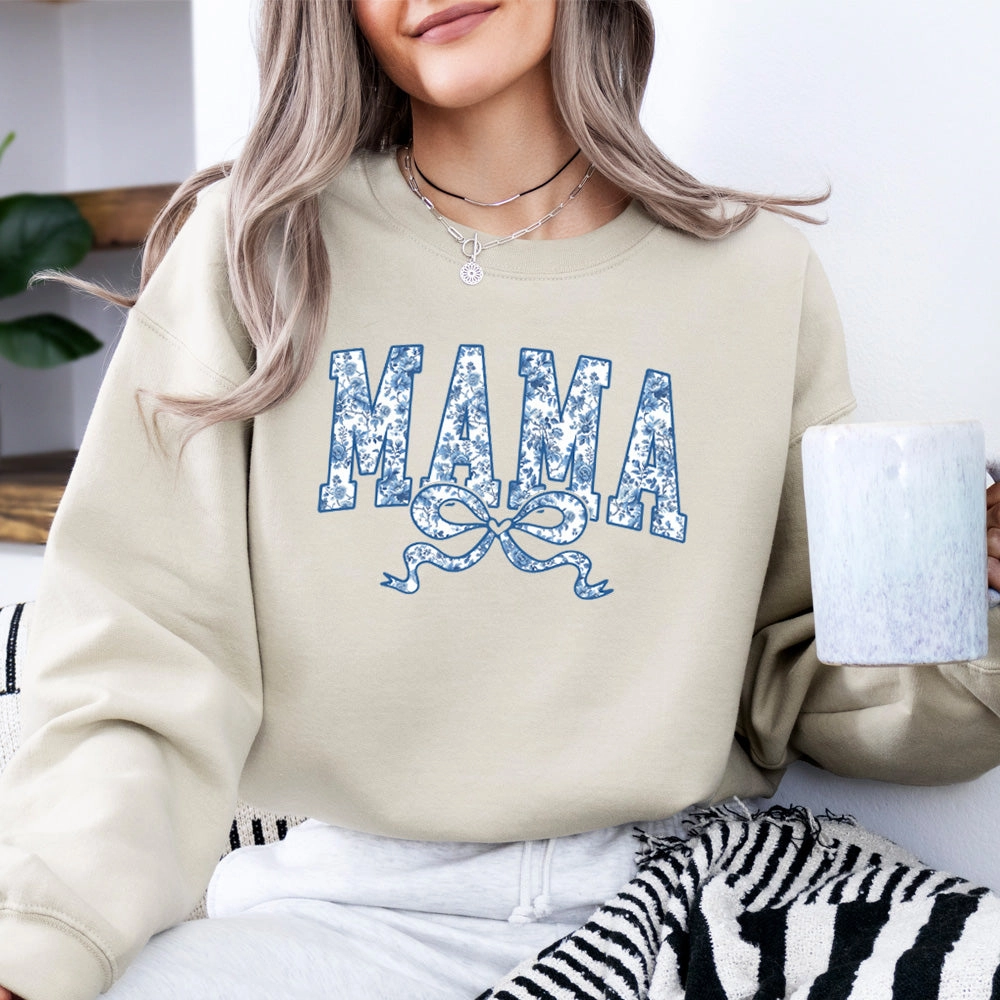 Mama Blue Floral Coquette Bow Sweatshirt