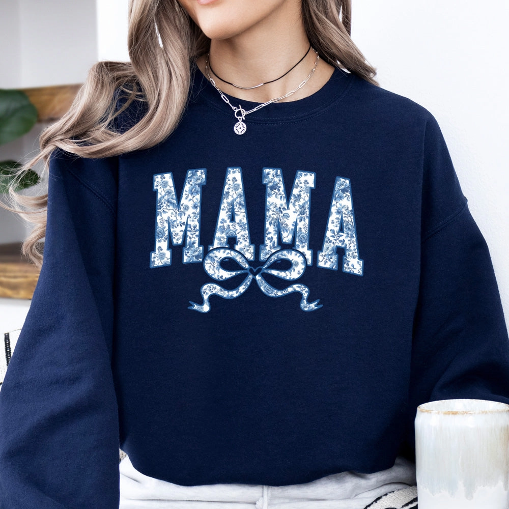 Mama Blue Floral Coquette Bow Sweatshirt