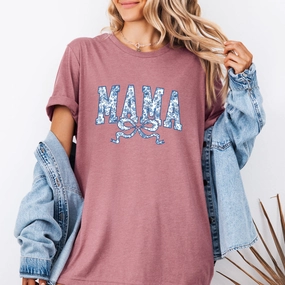 Mama Blue Floral Coquette Bow T-Shirt Holiday Collection - vacation wear sale