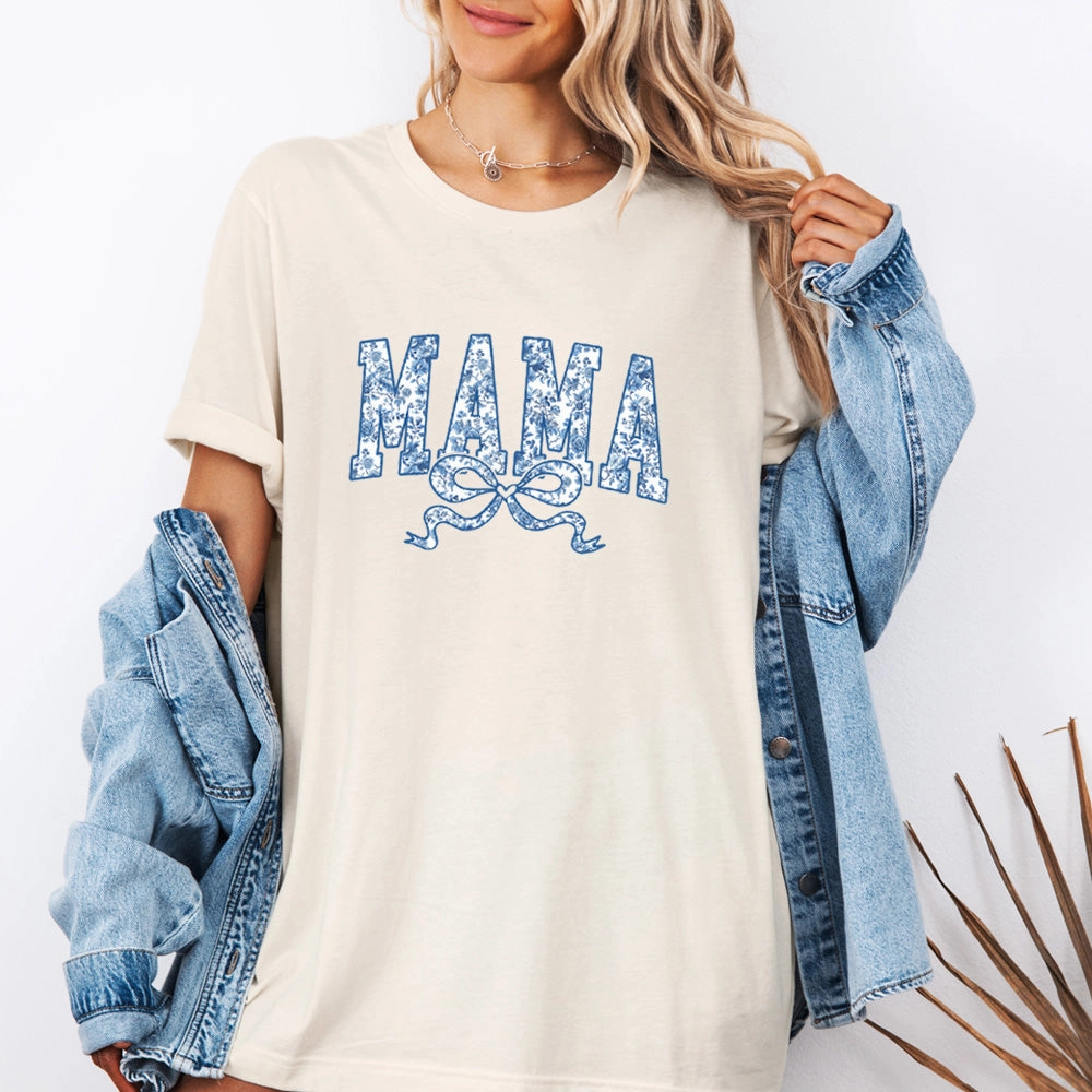 Mama Blue Floral Coquette Bow T-Shirt