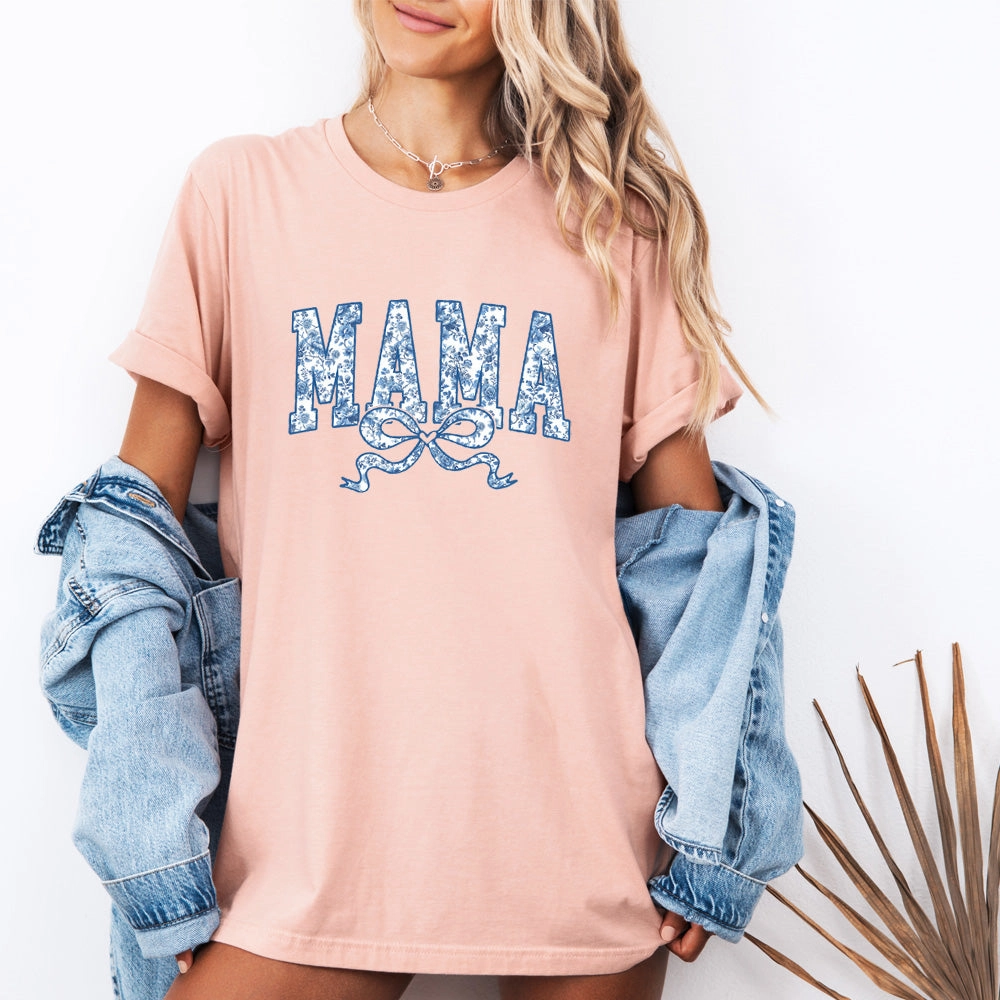 Mama Blue Floral Coquette Bow T-Shirt