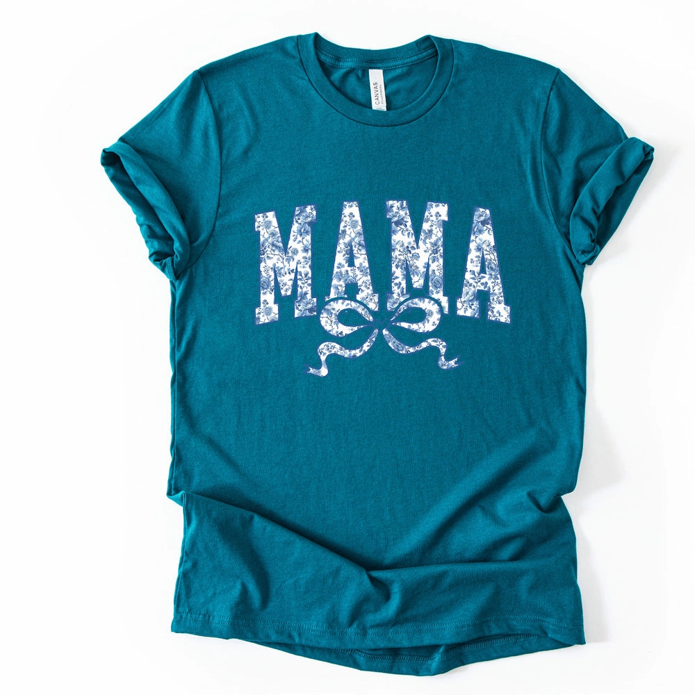 Mama Blue Floral Coquette Bow T-Shirt