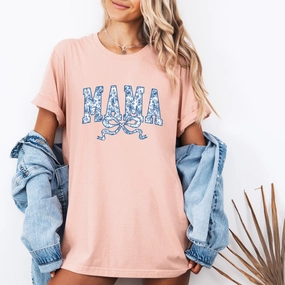 Mama Blue Floral Coquette Bow T-Shirt Holiday Collection - holiday outfits clearance