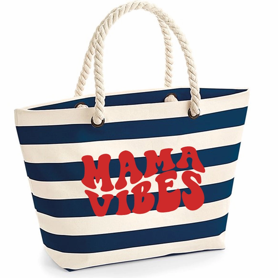 Mama Vibes Striped Nautical Beach Bag