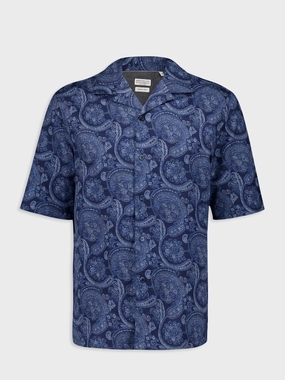 Marine Paisley Linen Camp Collar Shirt Tops Mens - flannel shirts