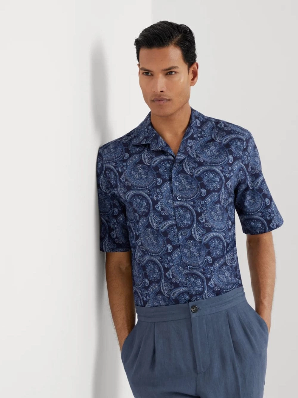 Marine Paisley Linen Camp Collar Shirt