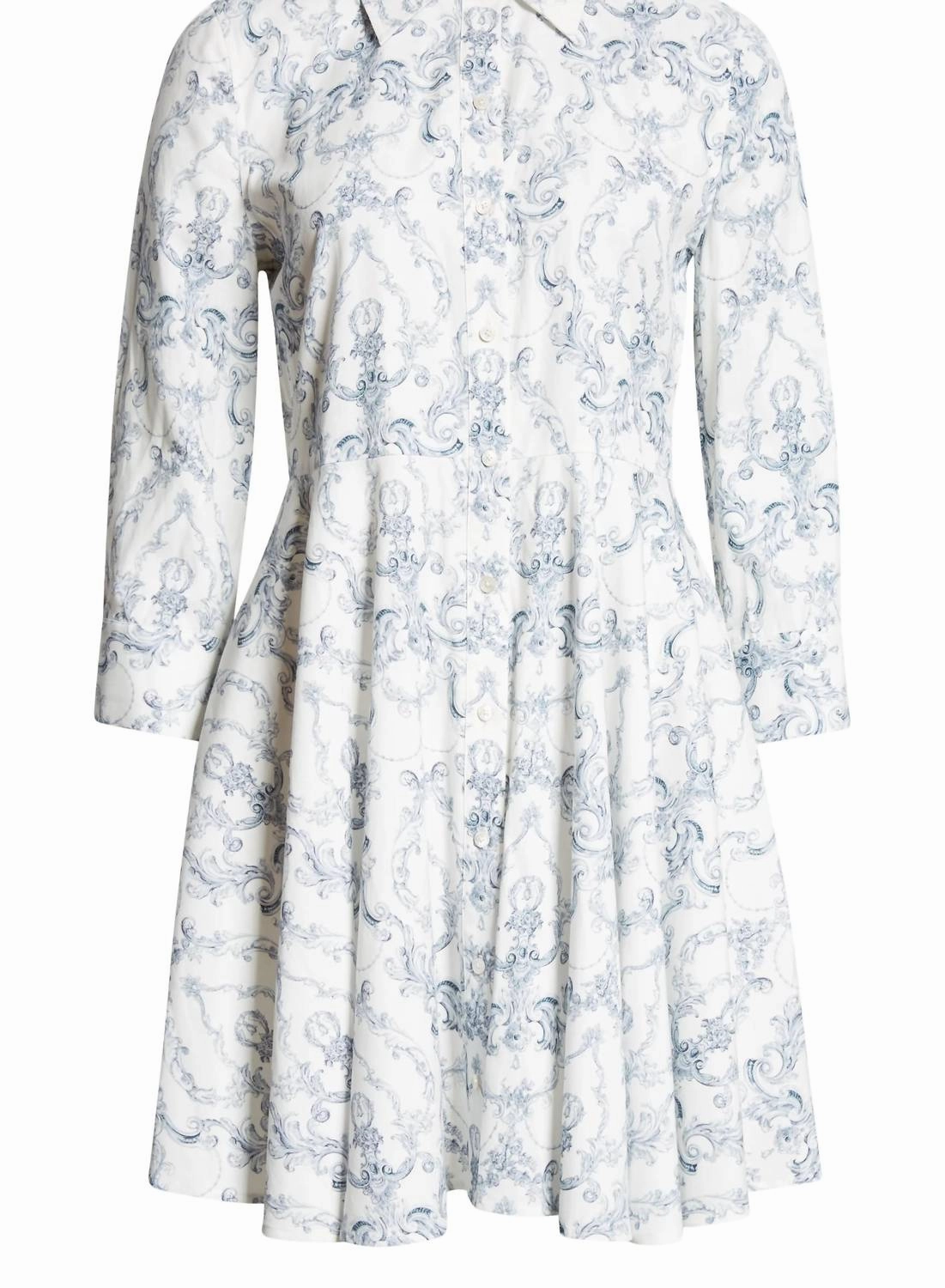 Meadow Short Shirtdress In White/blue Scroll Toile