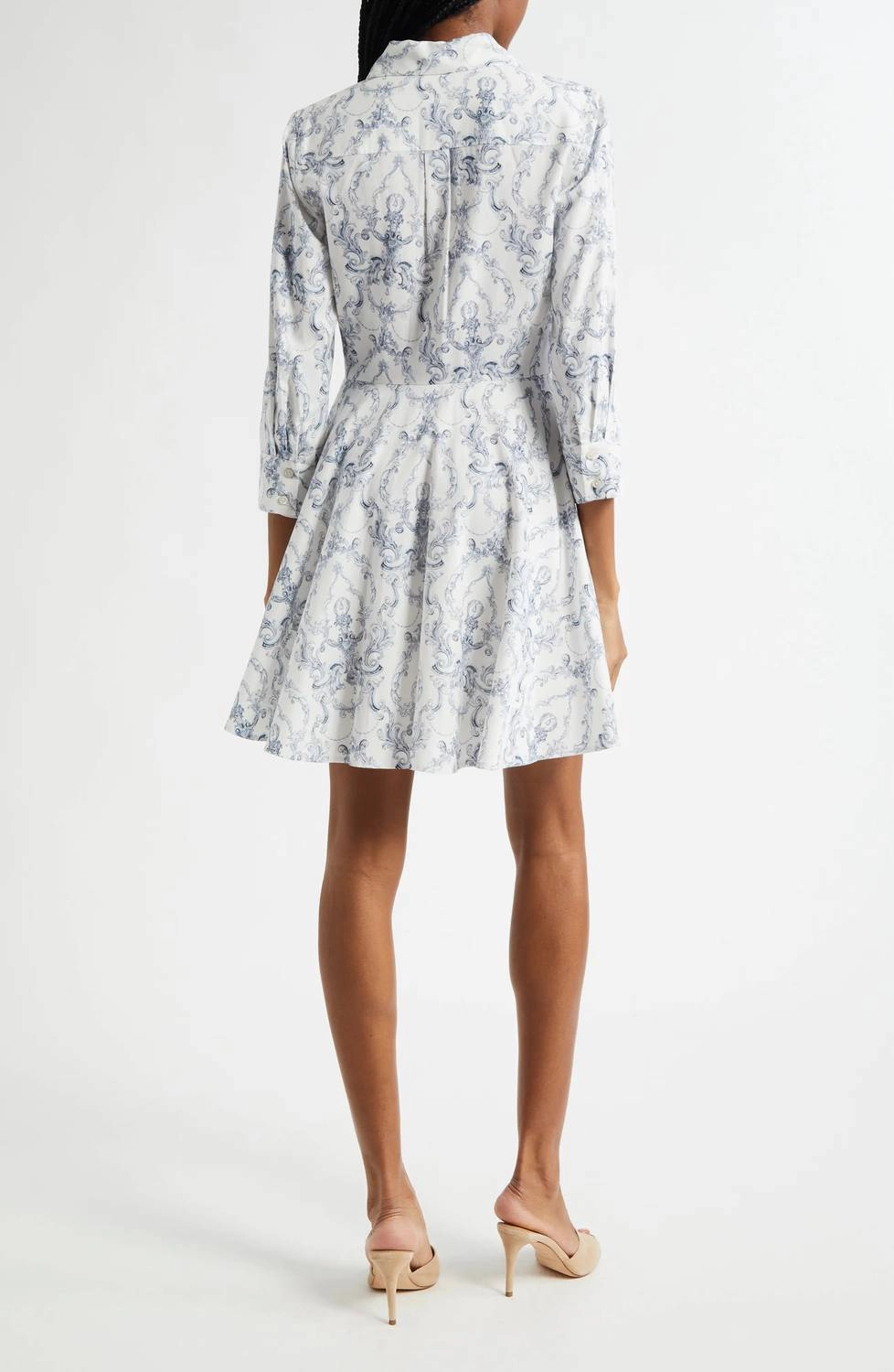 Meadow Short Shirtdress In White/blue Scroll Toile