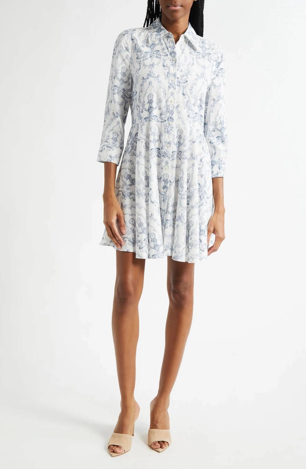 Meadow Short Shirtdress In White/blue Scroll Toile