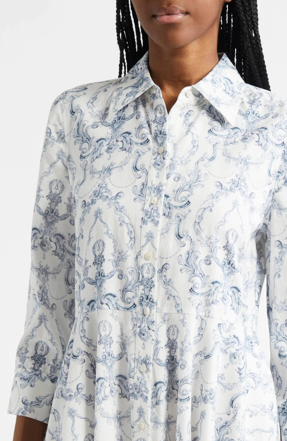 Meadow Short Shirtdress In White/blue Scroll Toile