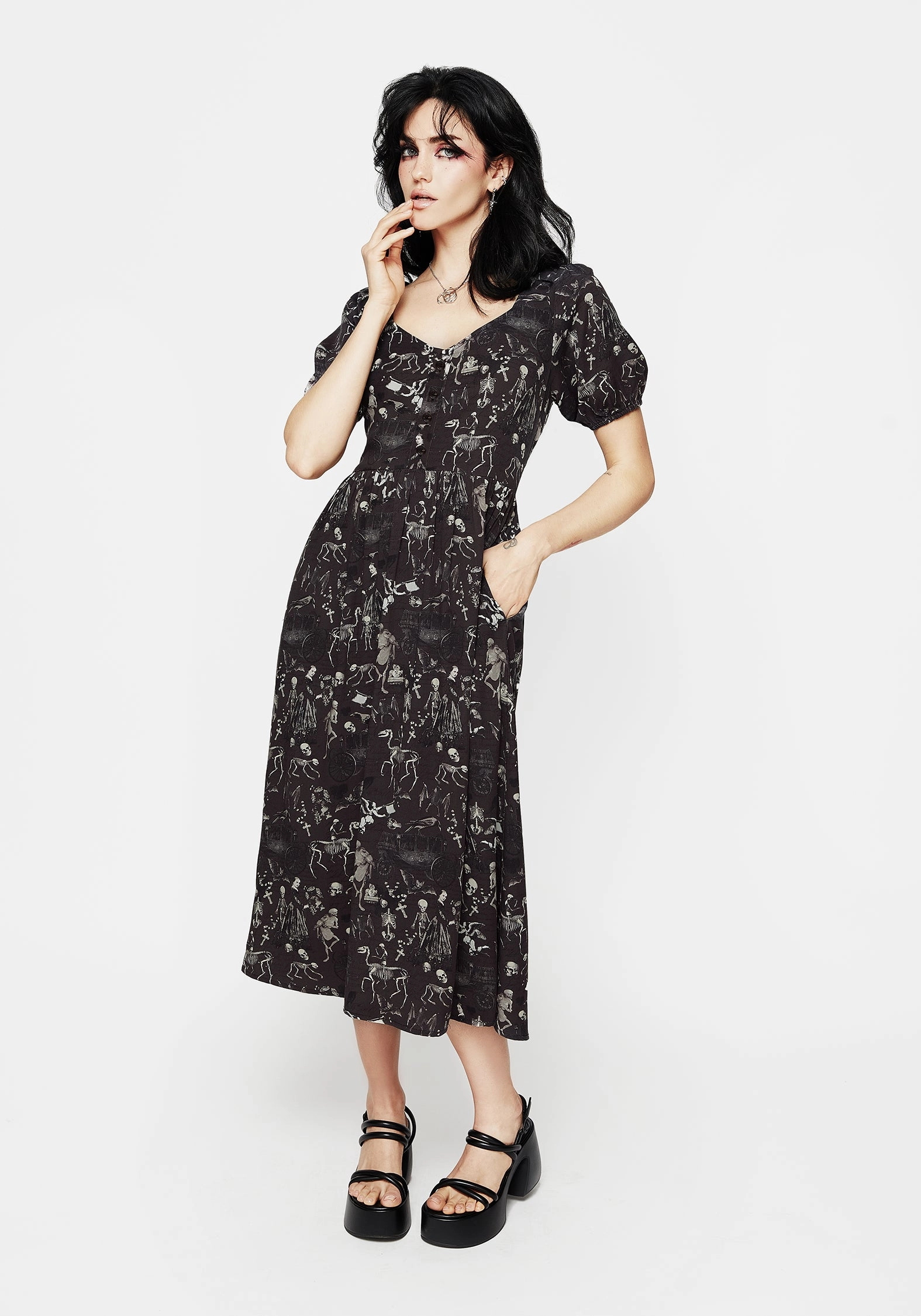 Melancholia Button Detail Puff Sleeve Midi Dress