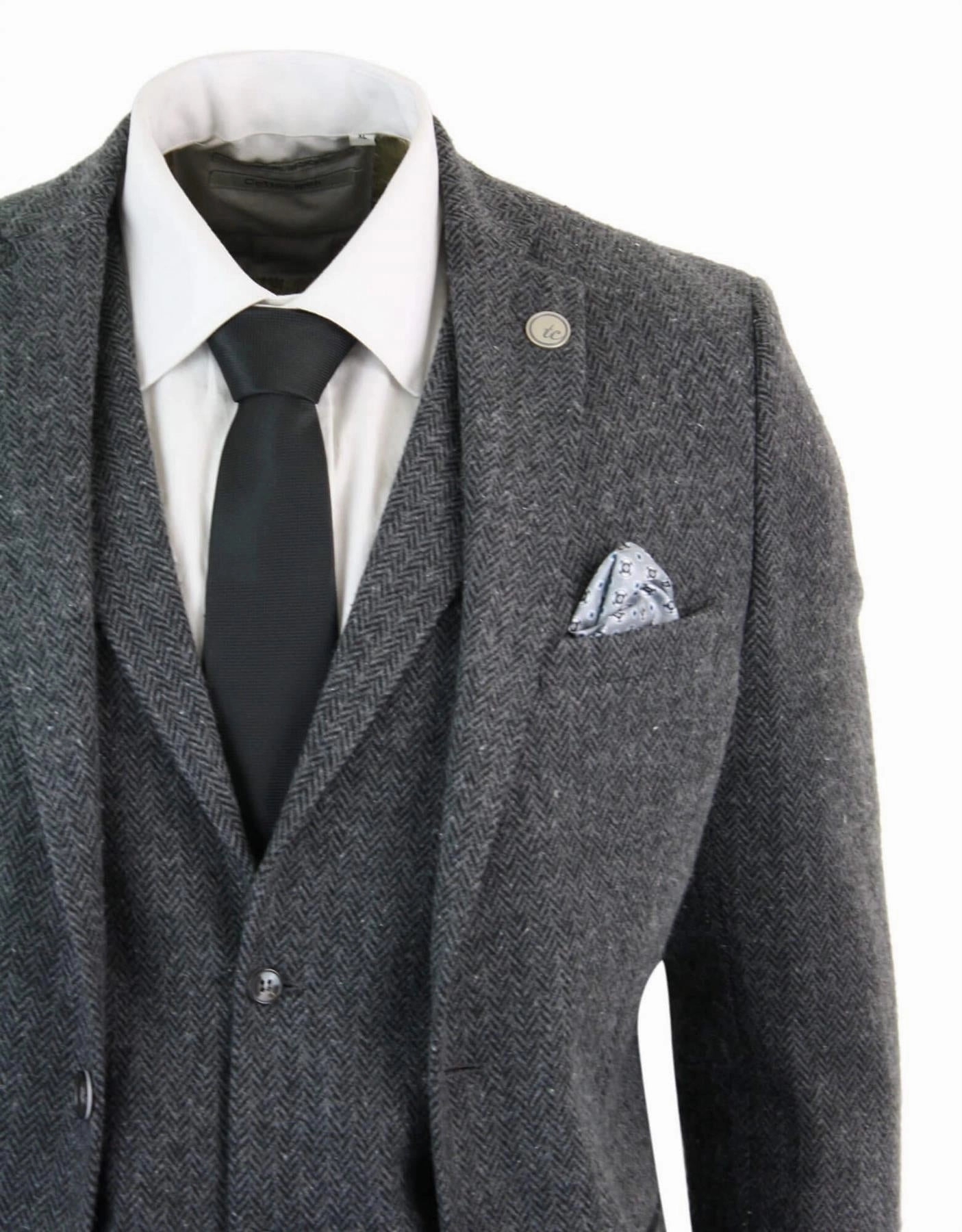 Men's 3 Piece Charcoal Grey Herringbone Tweed Suit