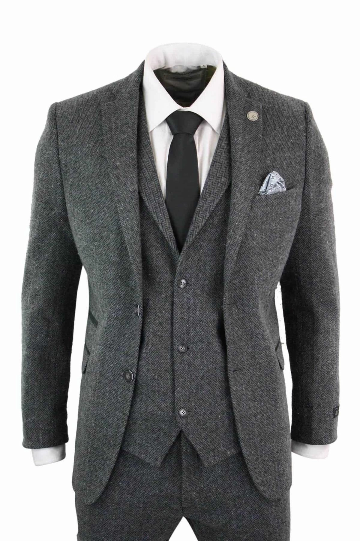 Men's 3 Piece Charcoal Grey Herringbone Tweed Suit