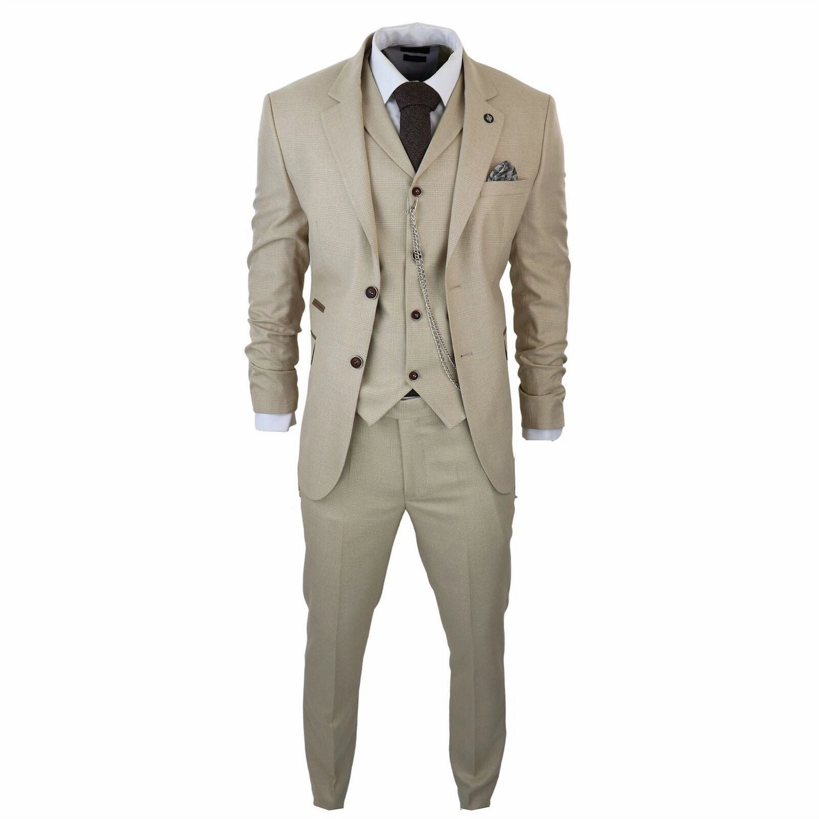 Men's 3 Piece Cream Prince Of Wales Check Suit