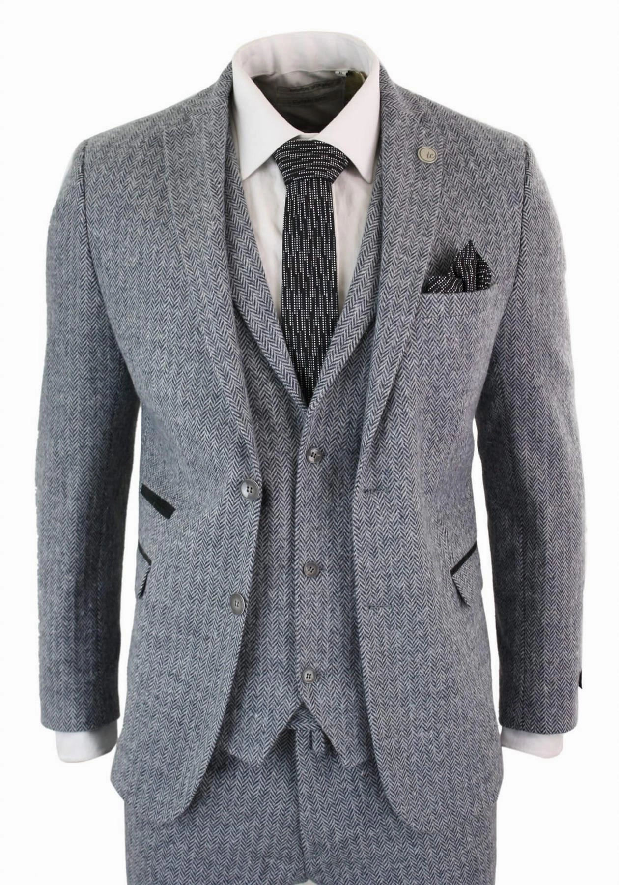 Men's 3 Piece Grey Herringbone Tweed Suit