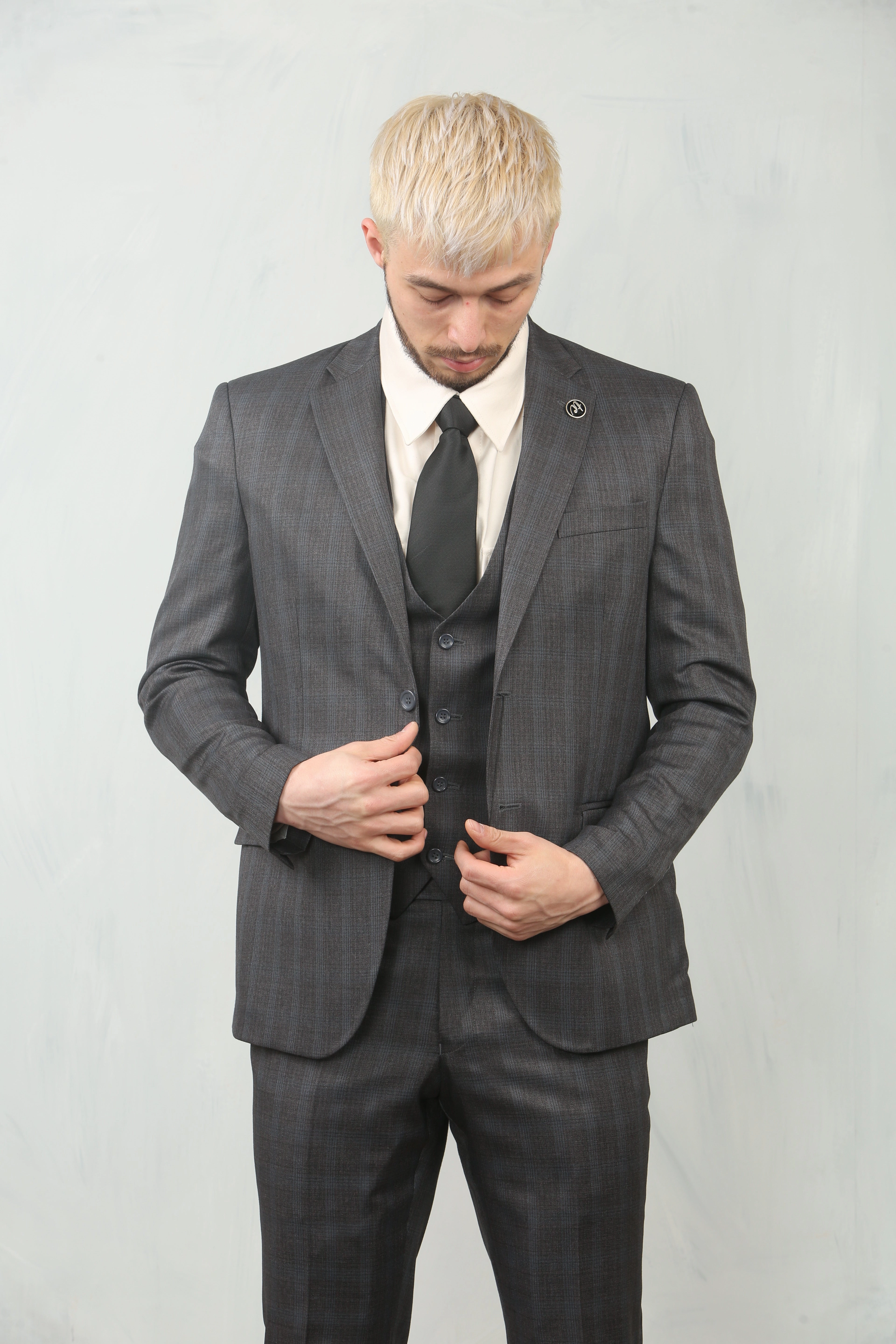 Men's 3 Piece Prince Of Wales Charcoal Suit Workwear