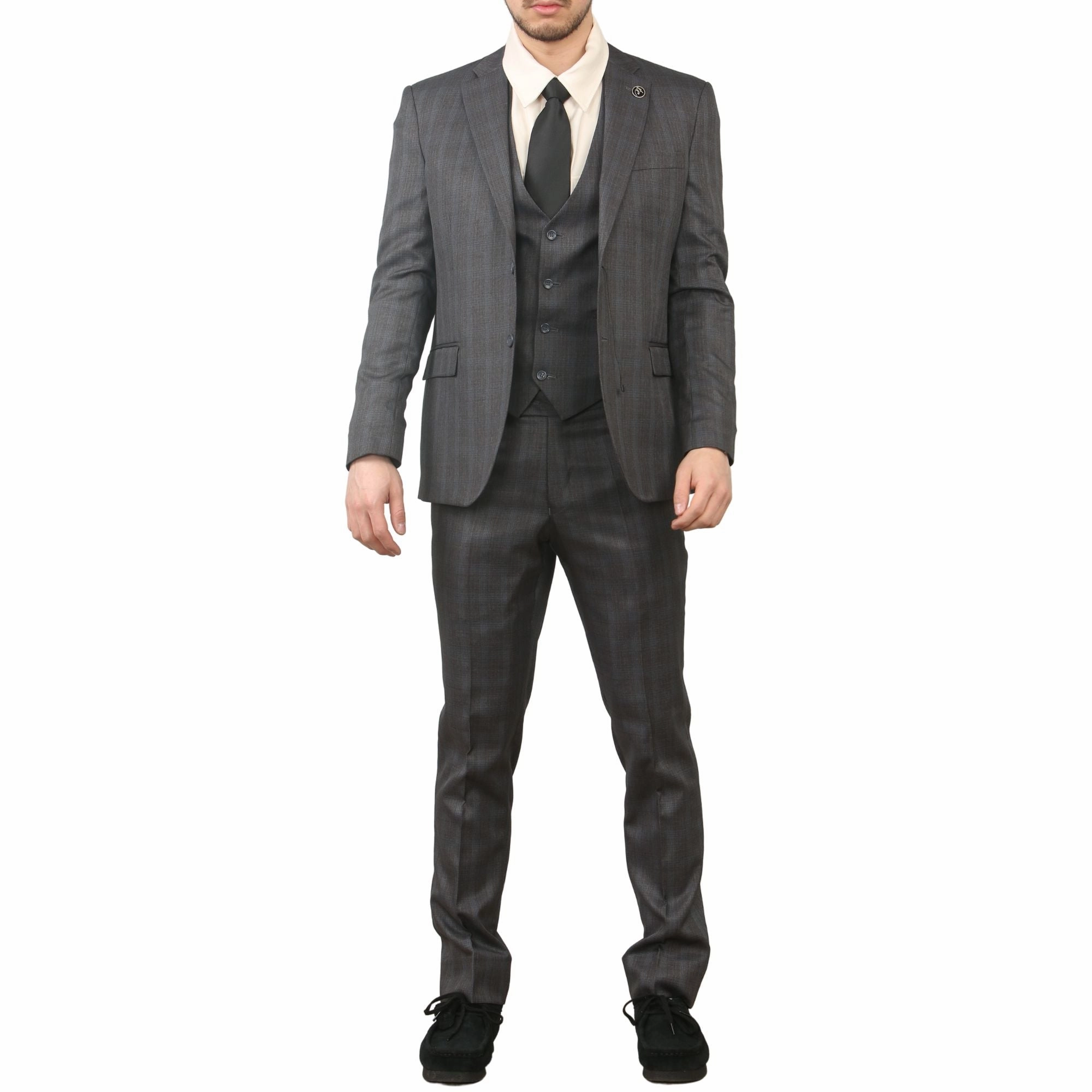 Men's 3 Piece Prince Of Wales Charcoal Suit Workwear