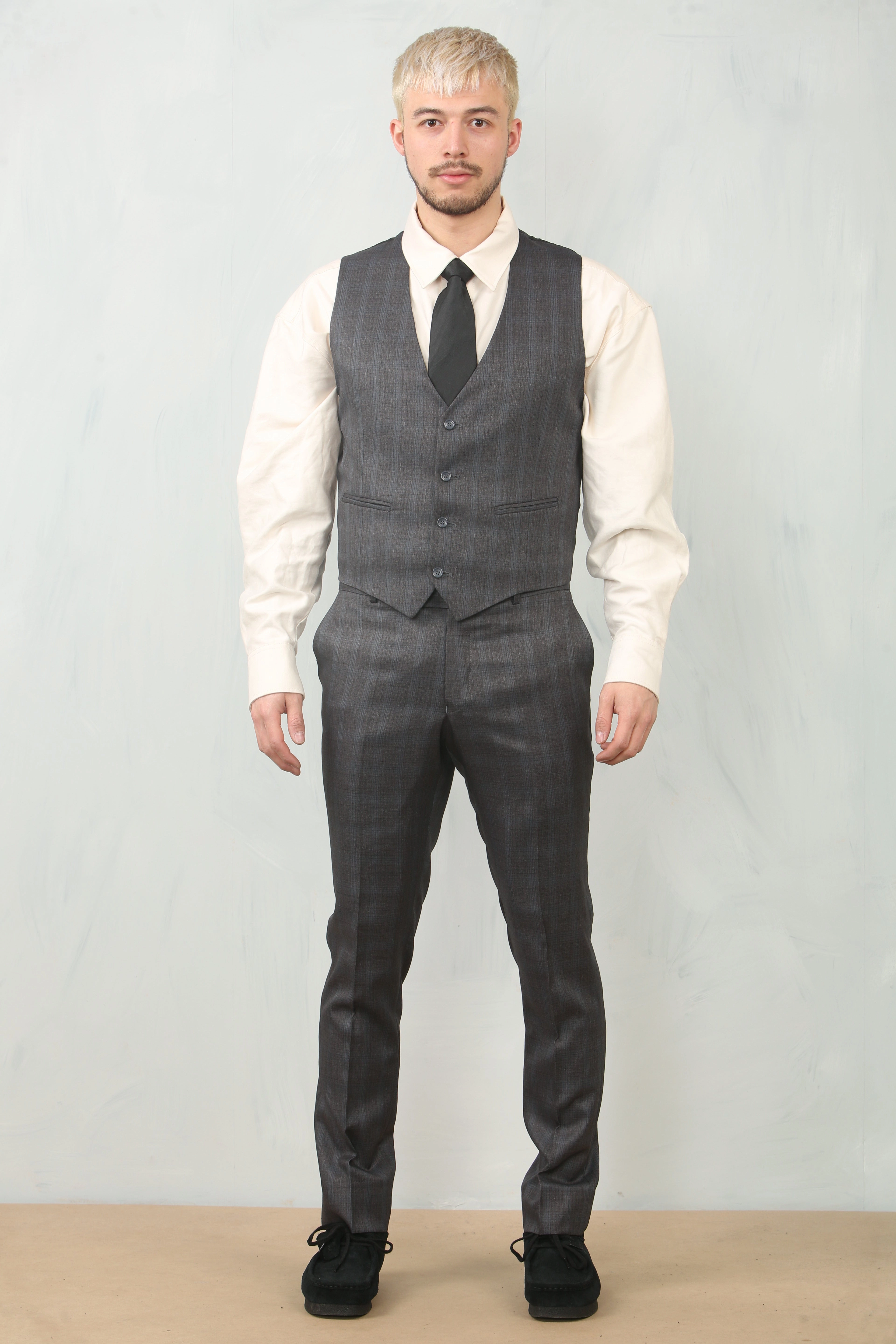Men's 3 Piece Prince Of Wales Charcoal Suit Workwear