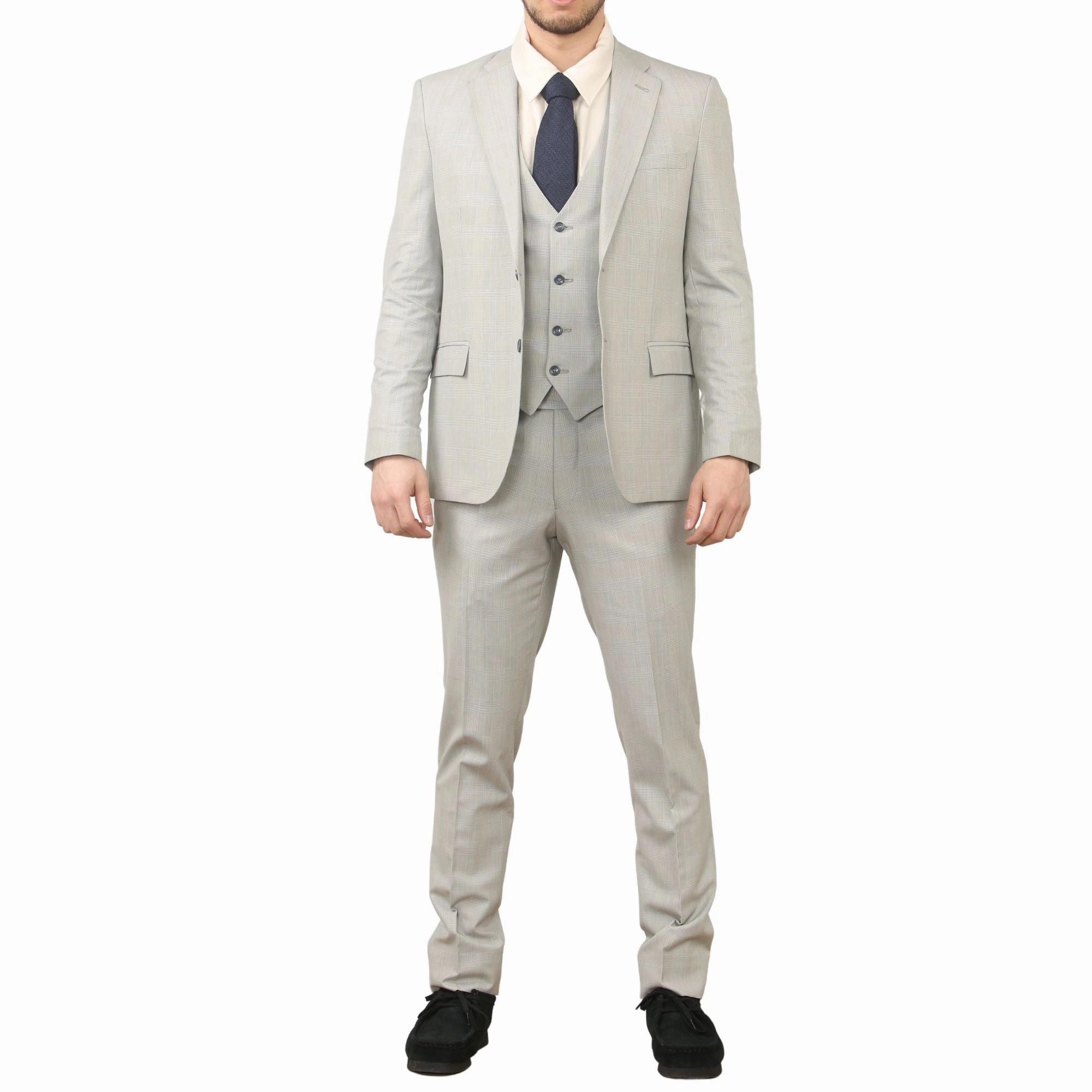 Men's 3 Piece Prince Of Wales Grey Suit Workwear