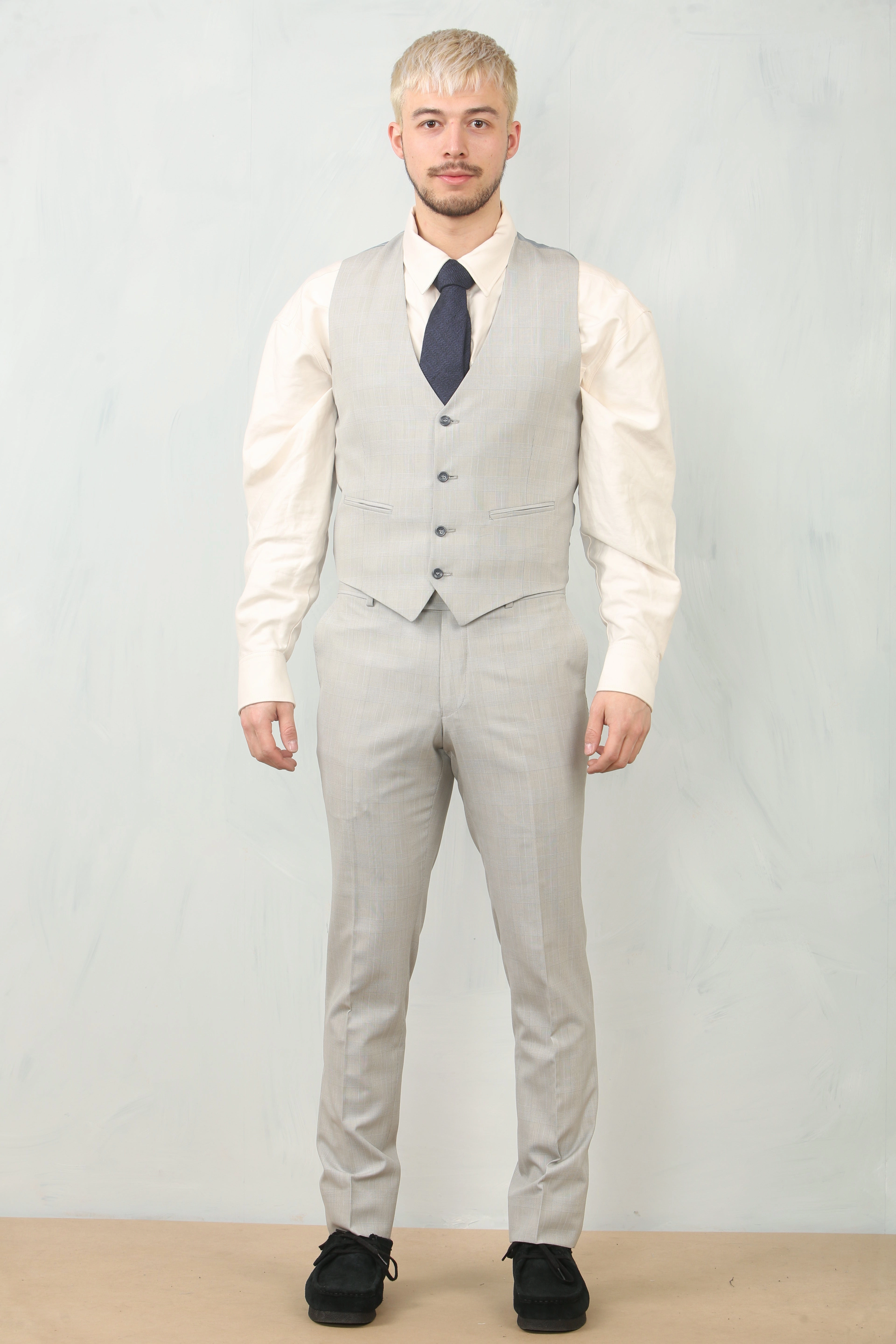 Men's 3 Piece Prince Of Wales Grey Suit Workwear