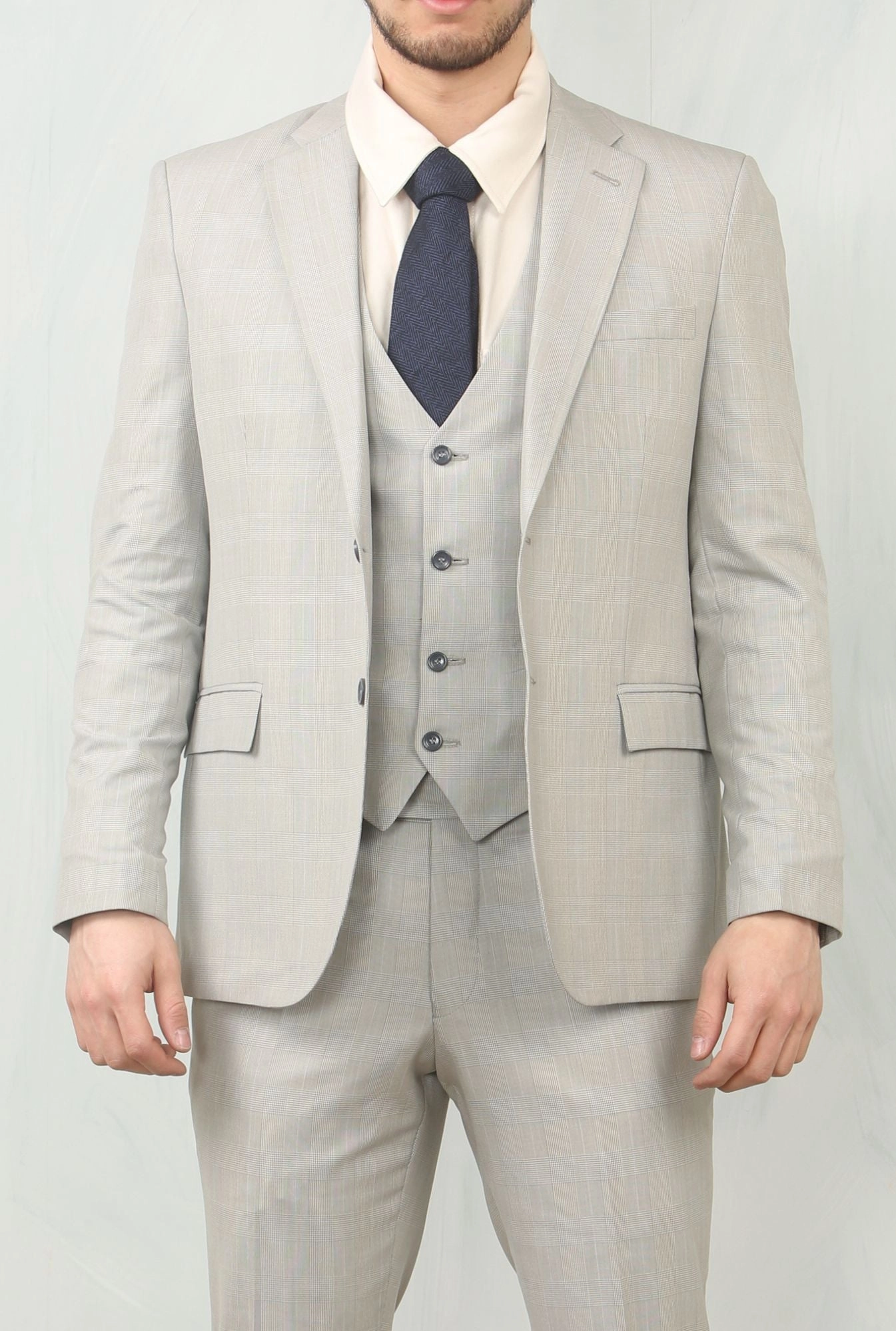 Men's 3 Piece Prince Of Wales Grey Suit Workwear