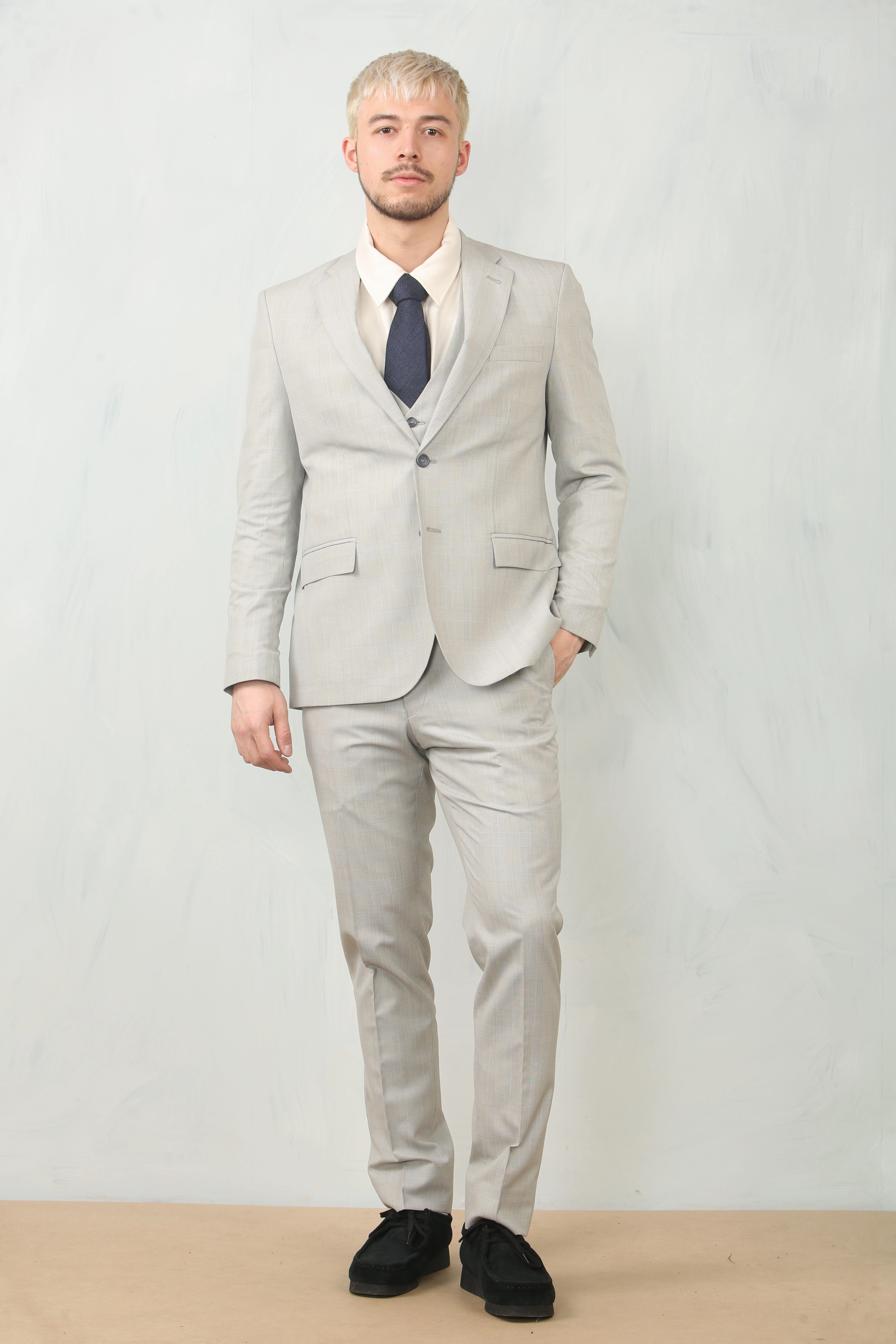 Men's 3 Piece Prince Of Wales Grey Suit Workwear