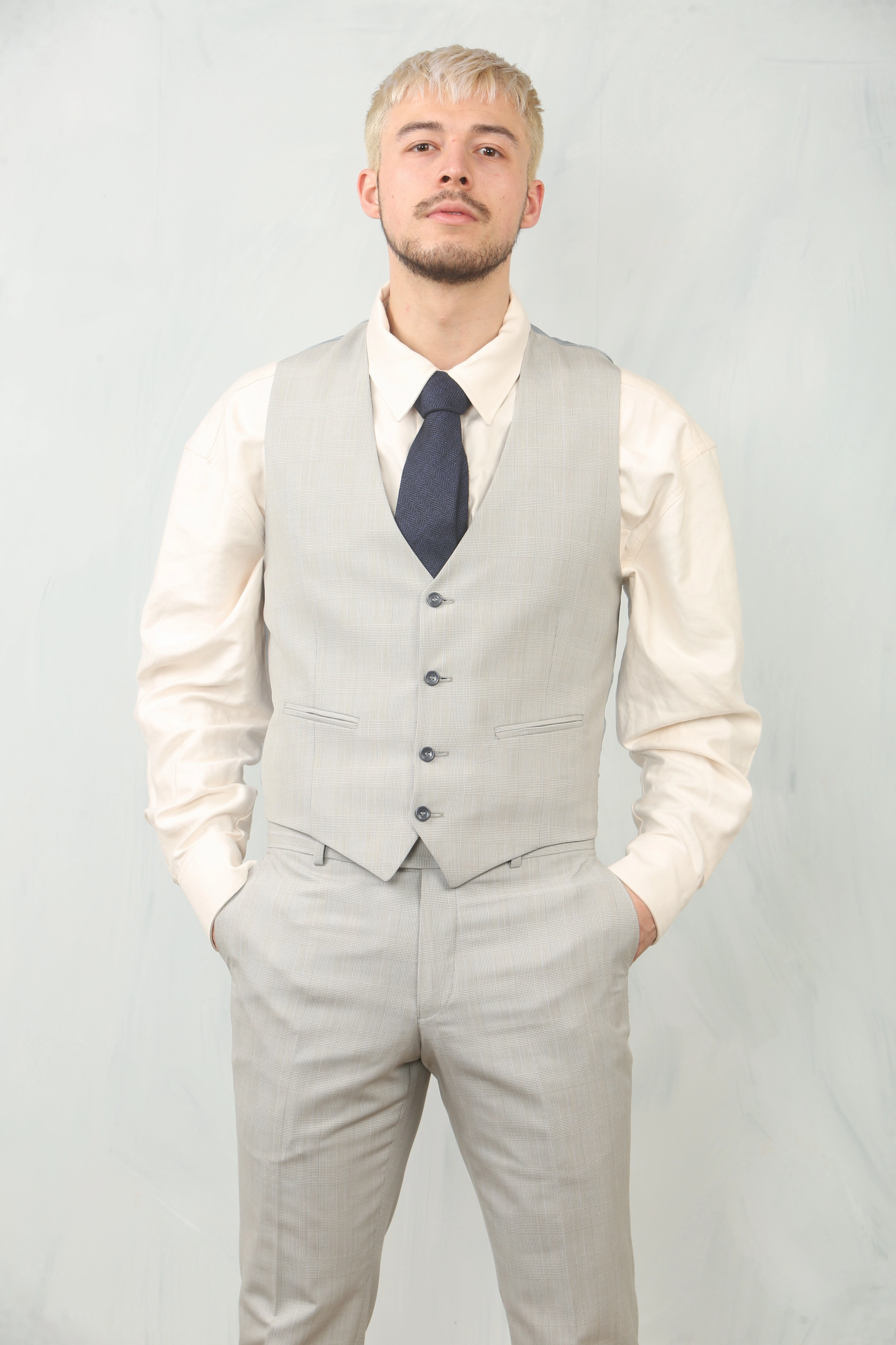 Men's 3 Piece Prince Of Wales Grey Suit Workwear