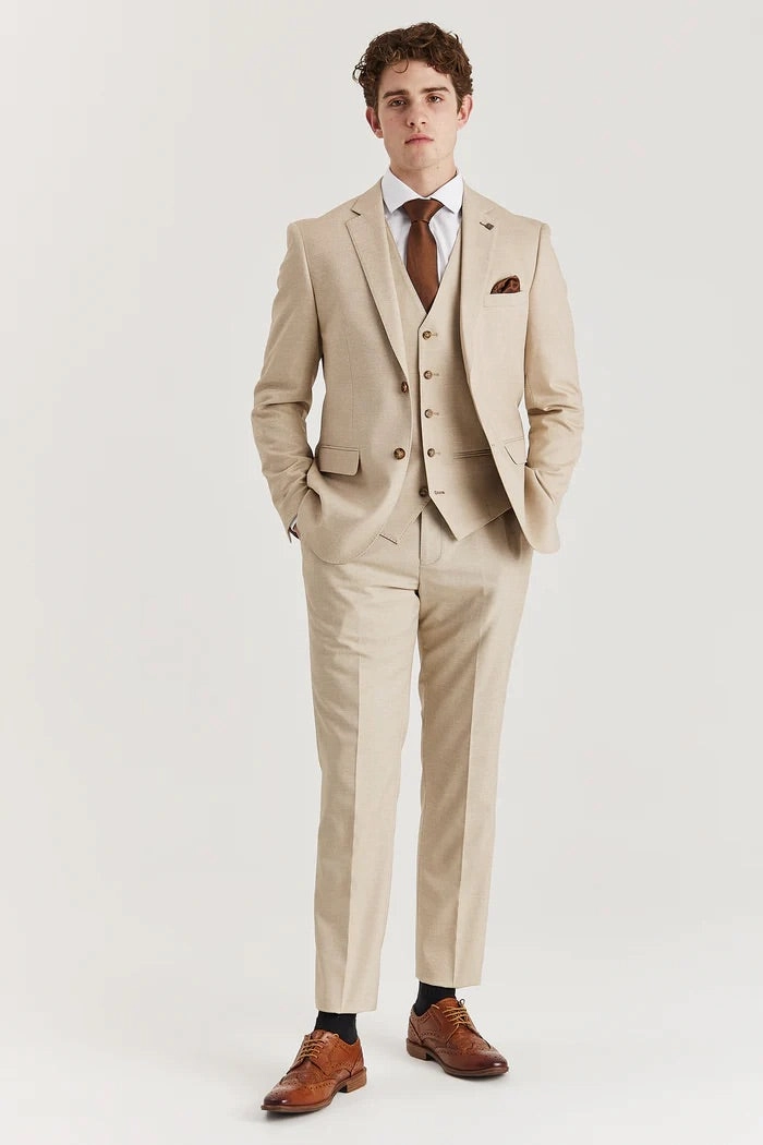 Men's Beige Lightweight Summer Wedding Party 3 Piece Suit
