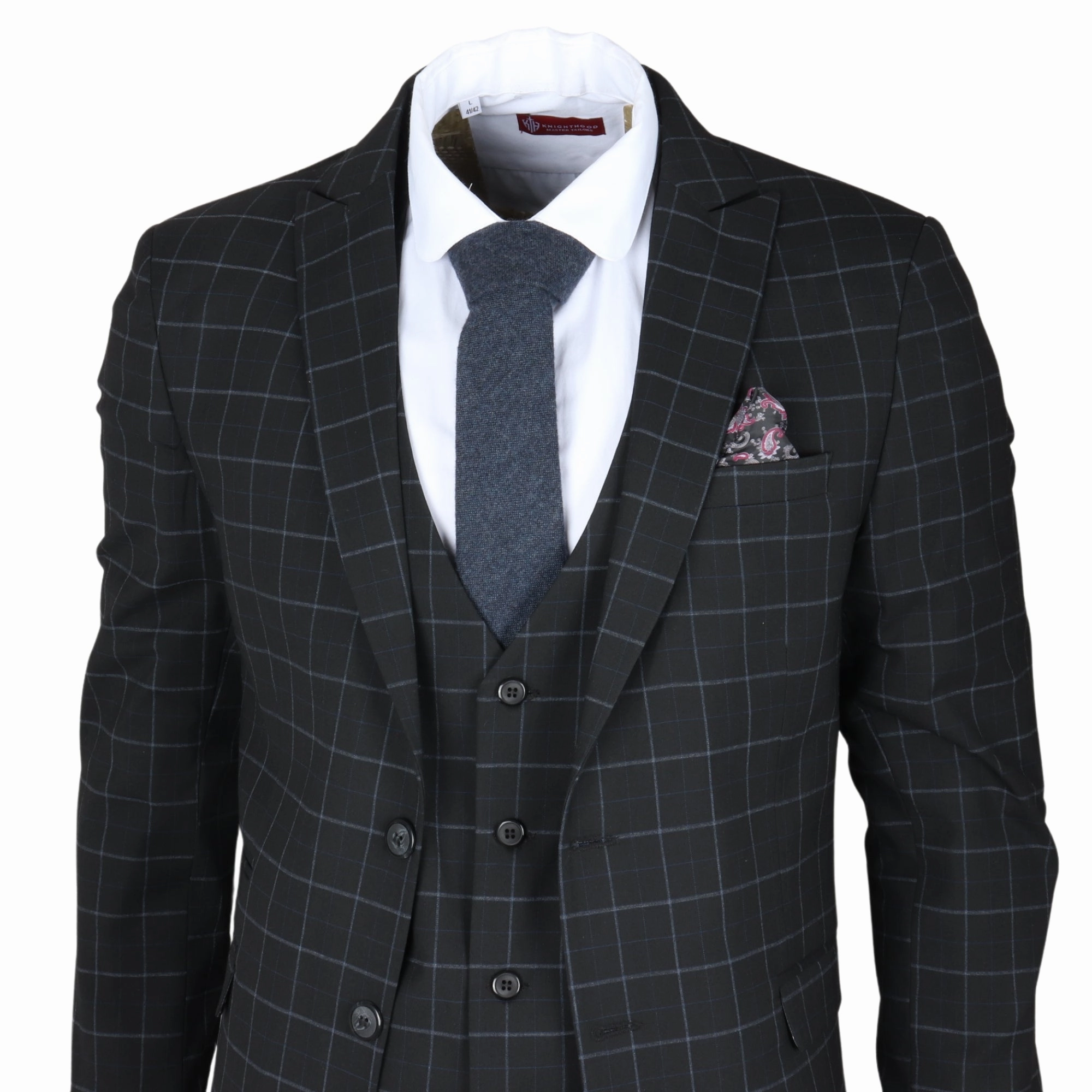 Men's Black Checked 3 Piece Suit Tailored Fit