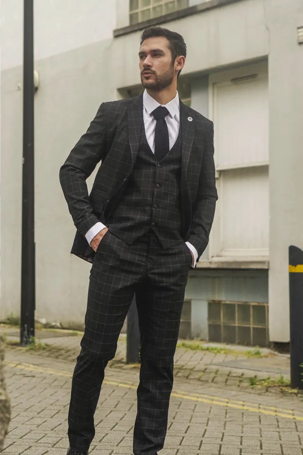 Men's Black Checked 3 Piece Suit Tailored Fit