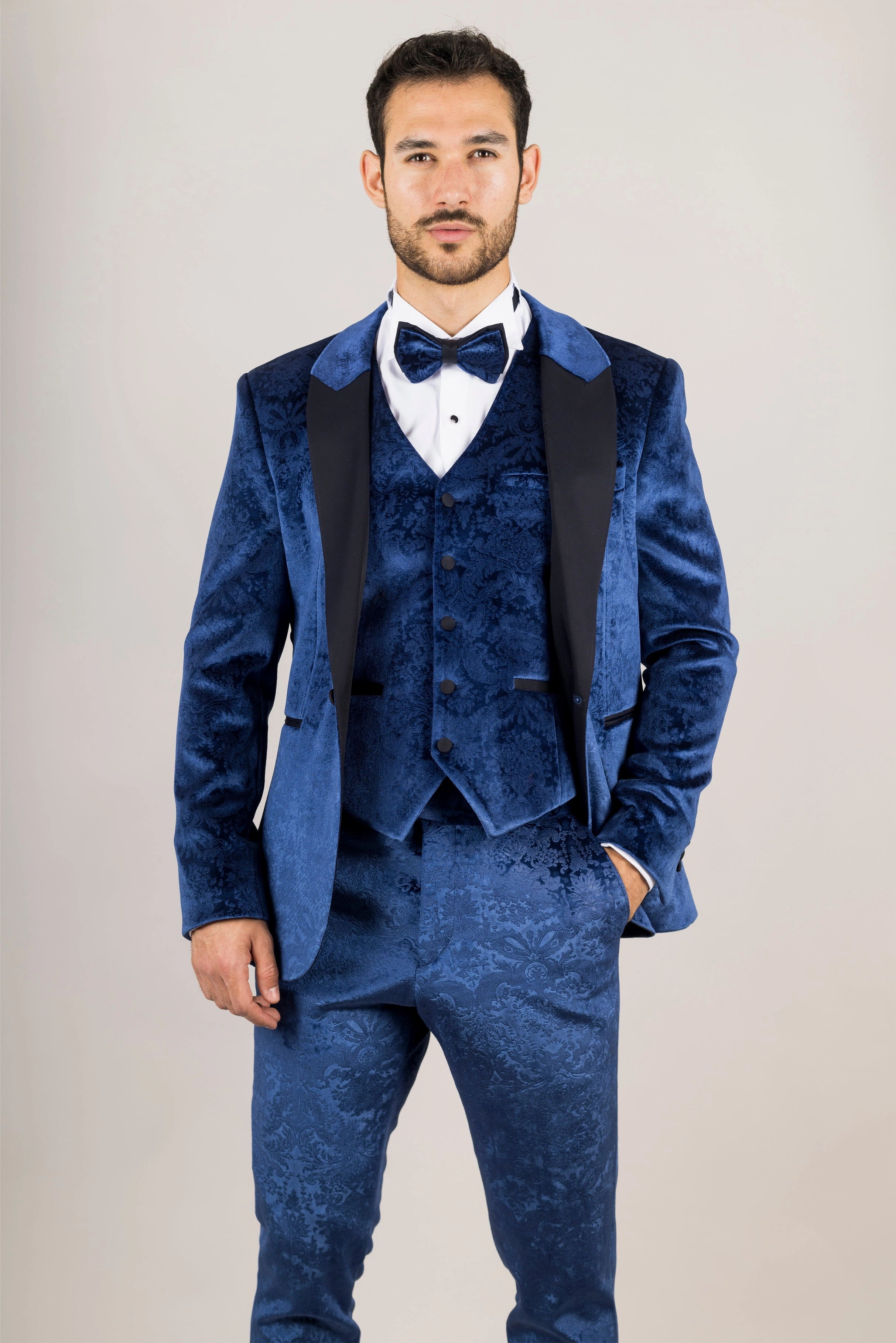 Men's Blue 3 Piece Velvet Wedding Tuxedo Formal Suit