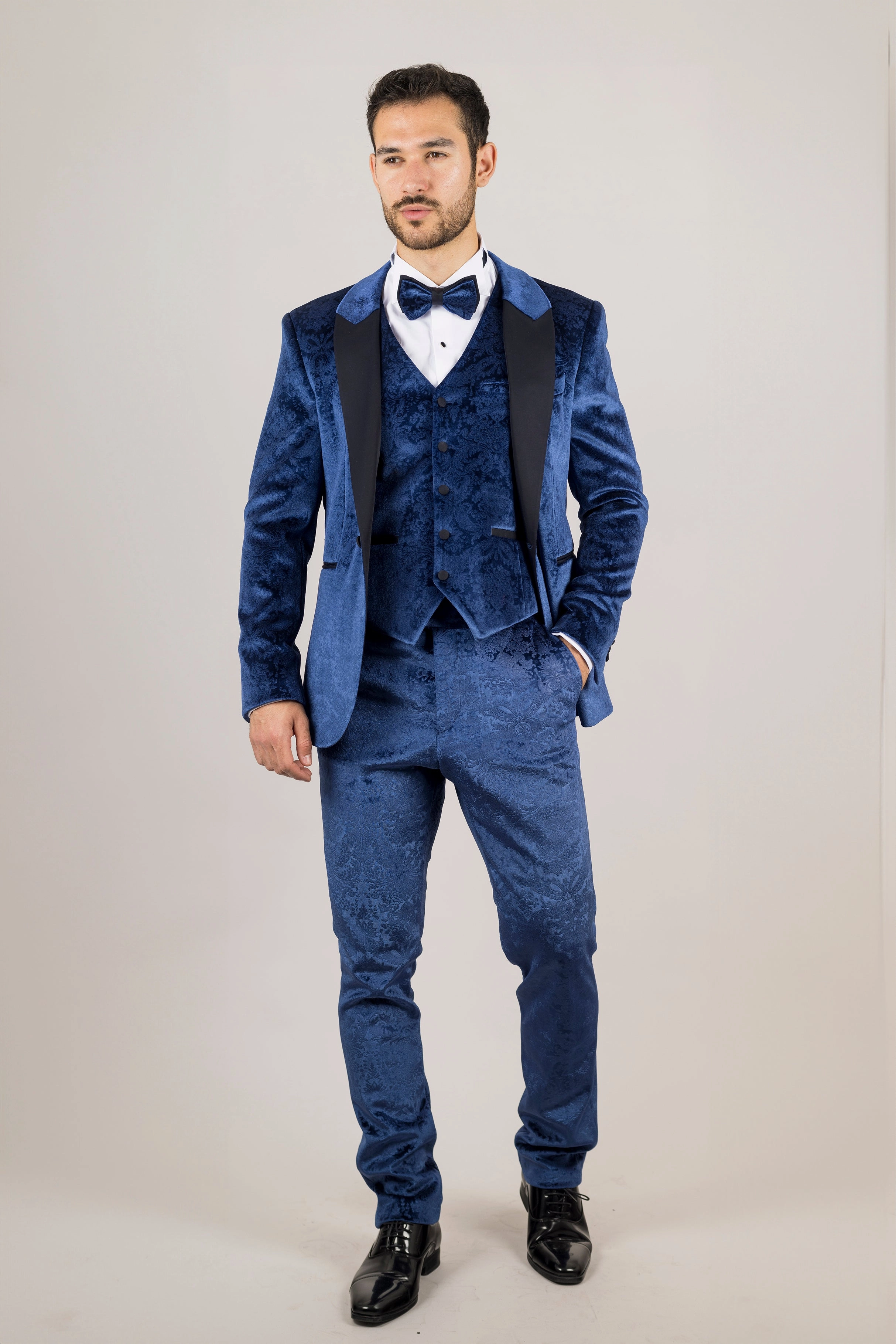 Men's Blue 3 Piece Velvet Wedding Tuxedo Formal Suit