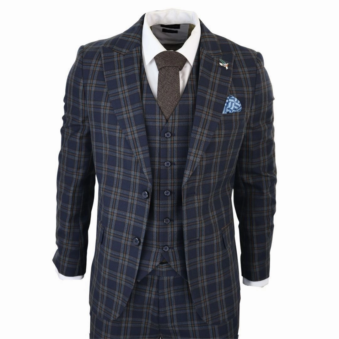 Men's Check Navy Blue 3 Piece Suit