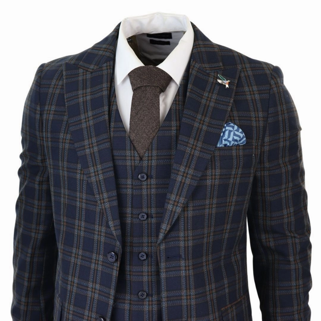 Men's Check Navy Blue 3 Piece Suit