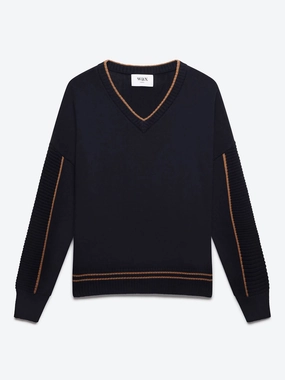 Men's Clarence V Neck Jumper In Navy chunky knit discount