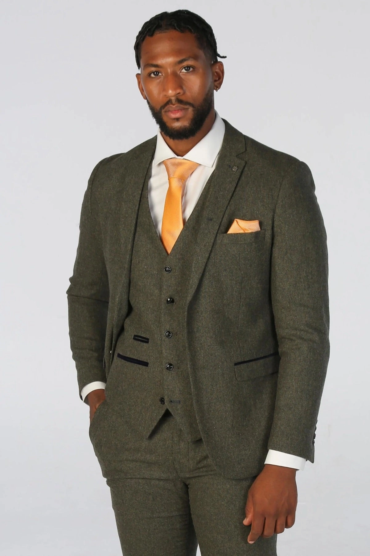 Men's Olive Green Wool Blend Tweed Formal Suit