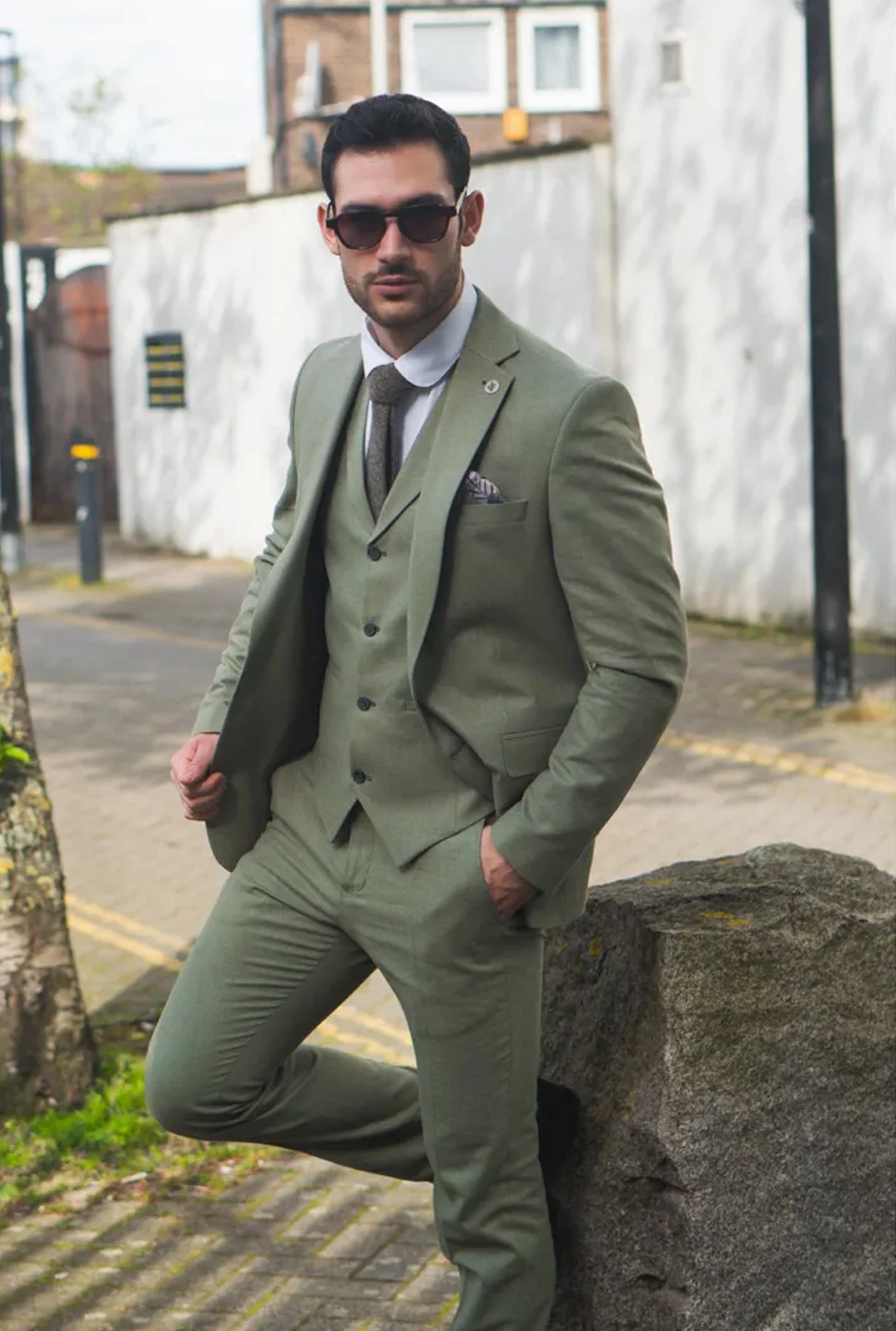 Men's Sage Tailor Fit3 Piece Linen Summer Wedding Suit