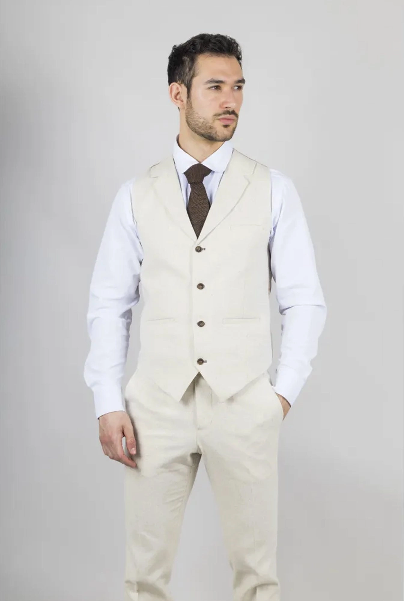 Men's Summer 2 Piece Suit Linen Formal Beige Waistcoat Trousers