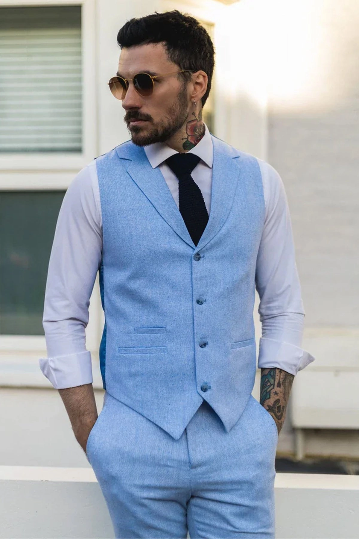 Men's Summer 2 Piece Suit Linen Formal Blue Waistcoat Trousers