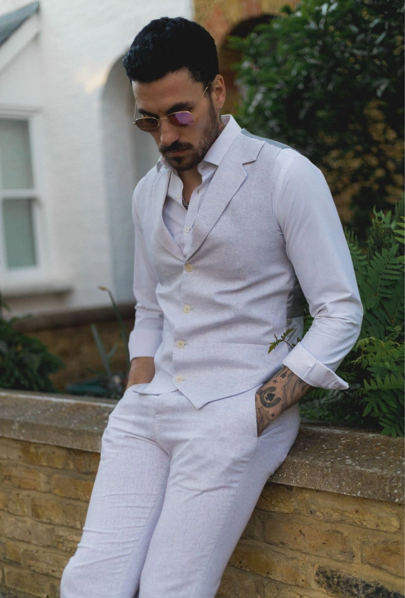 Men's Summer 2 Piece Suit Linen Formal Grey Waistcoat Trousers