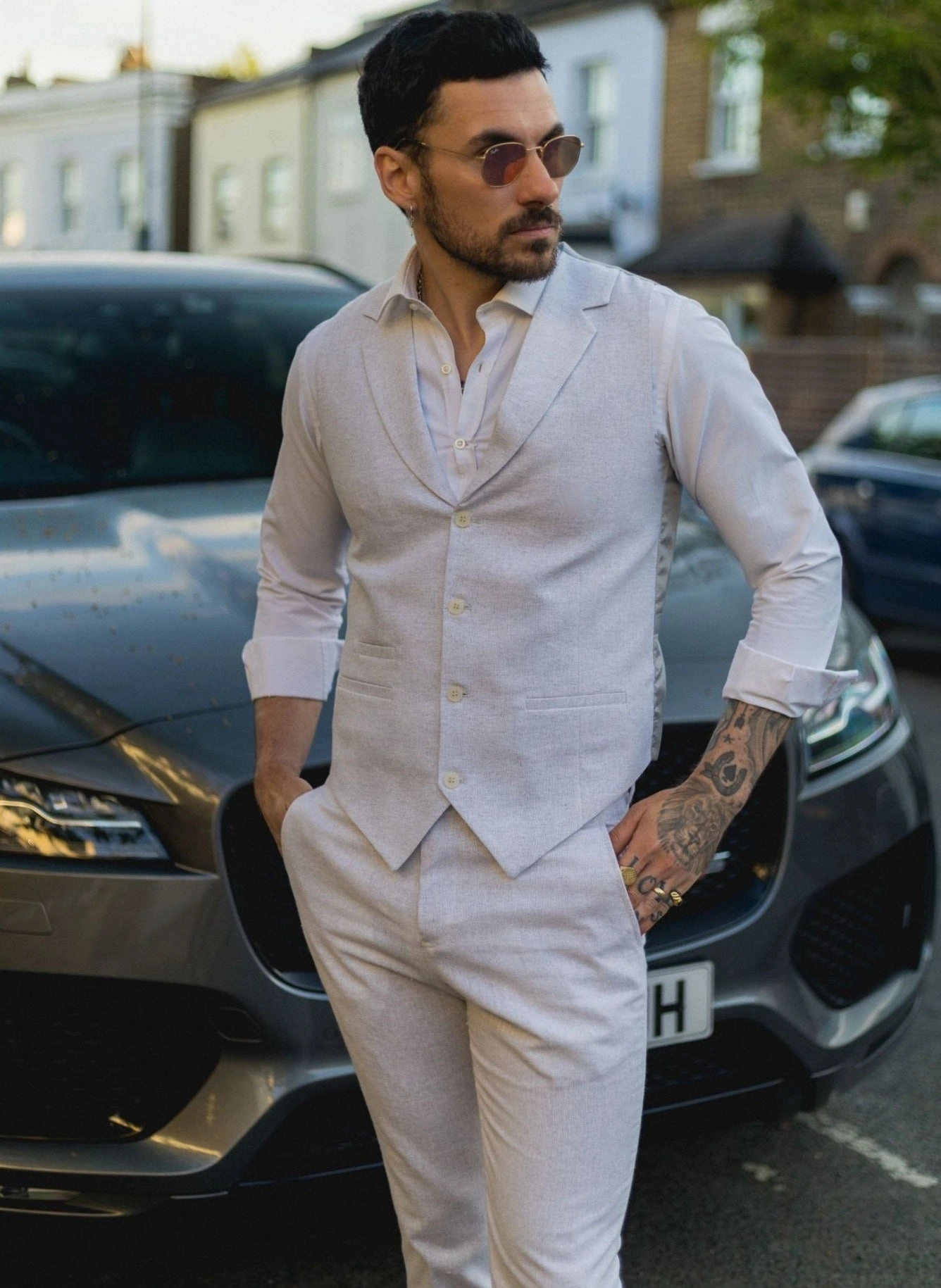 Men's Summer 2 Piece Suit Linen Formal Grey Waistcoat Trousers