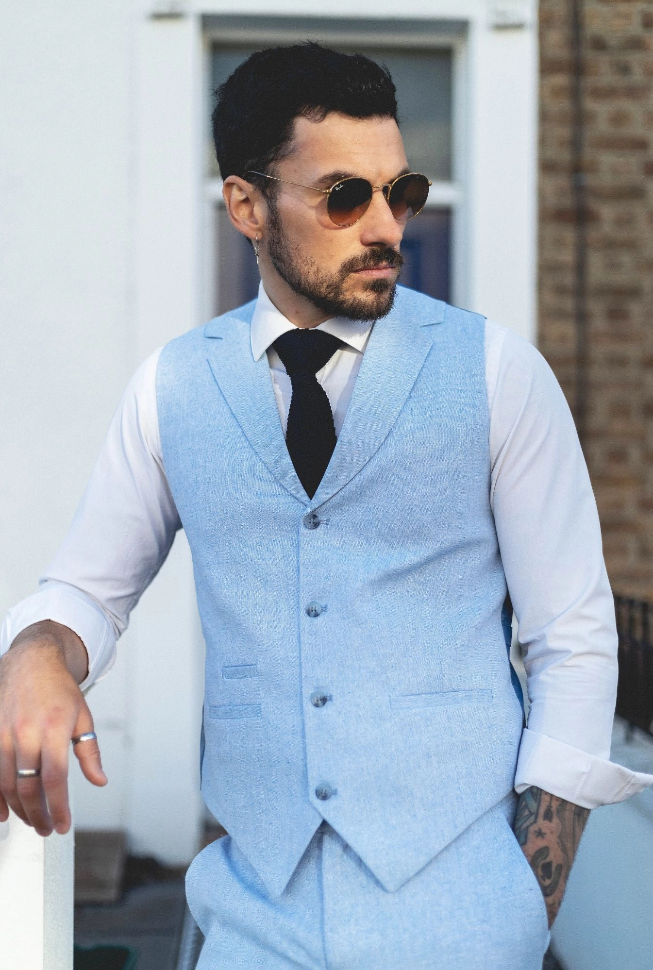 Men's Summer 2 Piece Suit Linen Formal Light Blue Waistcoat Trousers