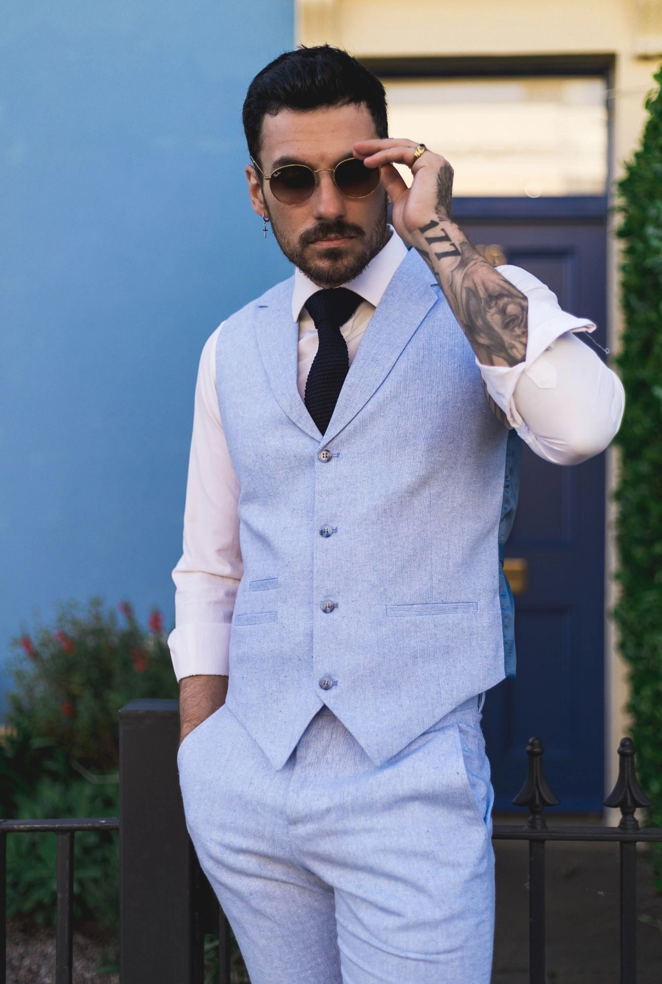 Men's Summer 2 Piece Suit Linen Formal Light Blue Waistcoat Trousers