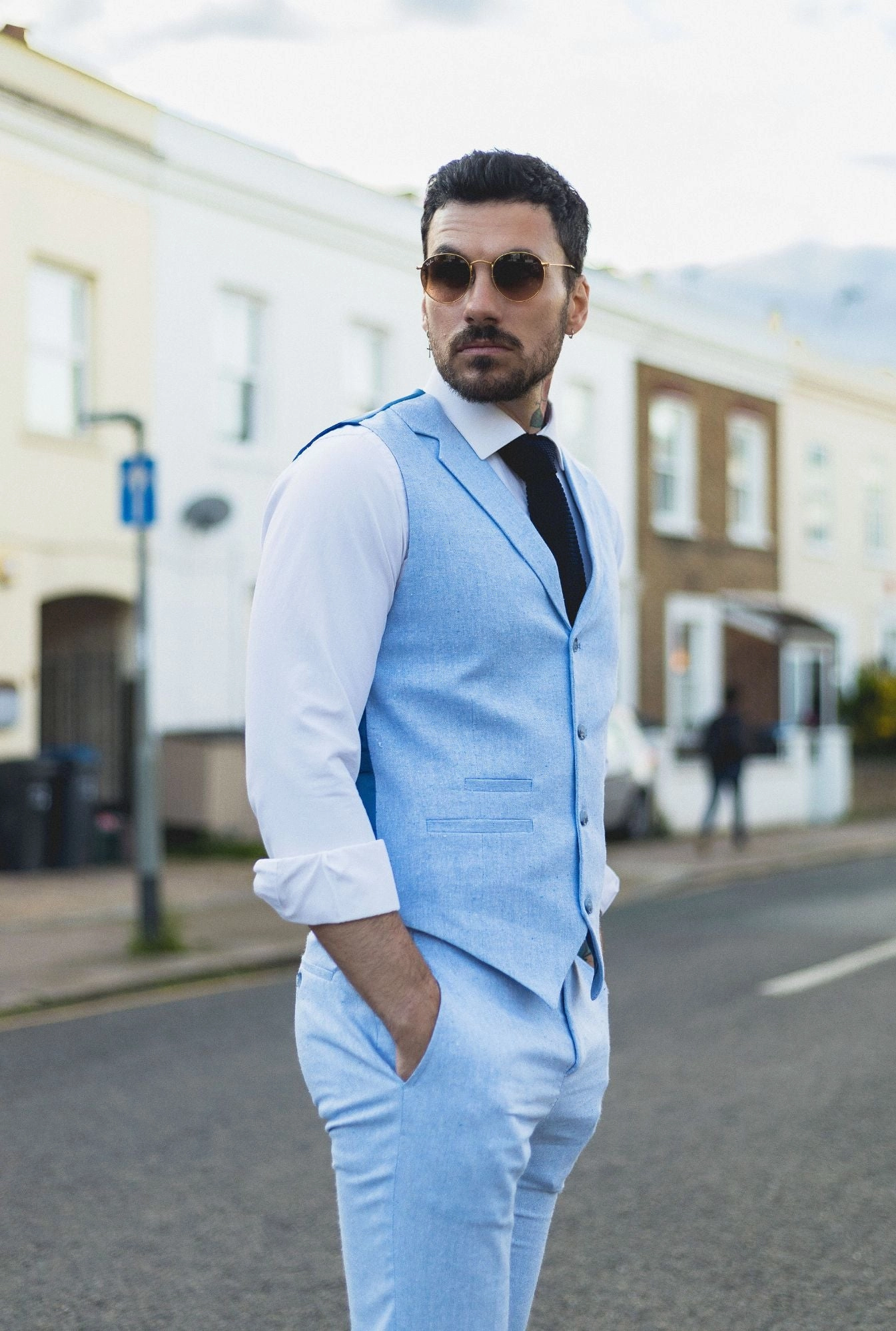 Men's Summer 2 Piece Suit Linen Formal Light Blue Waistcoat Trousers