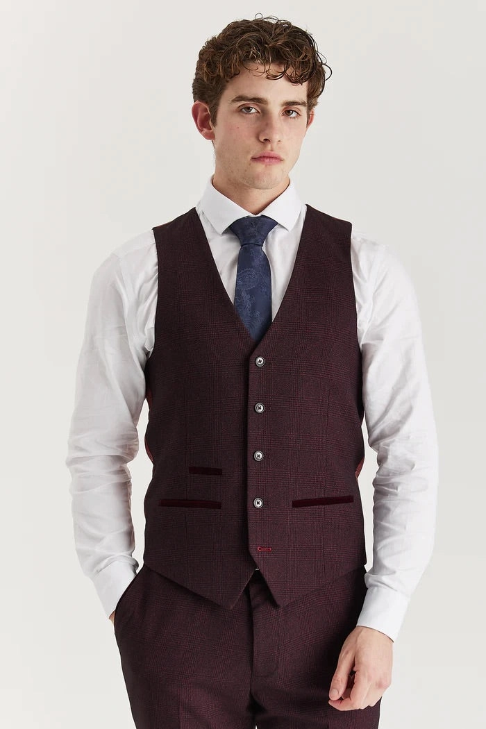 Men's Wine Suit Waistcoat Prince Of Wales Formal Waistcoat