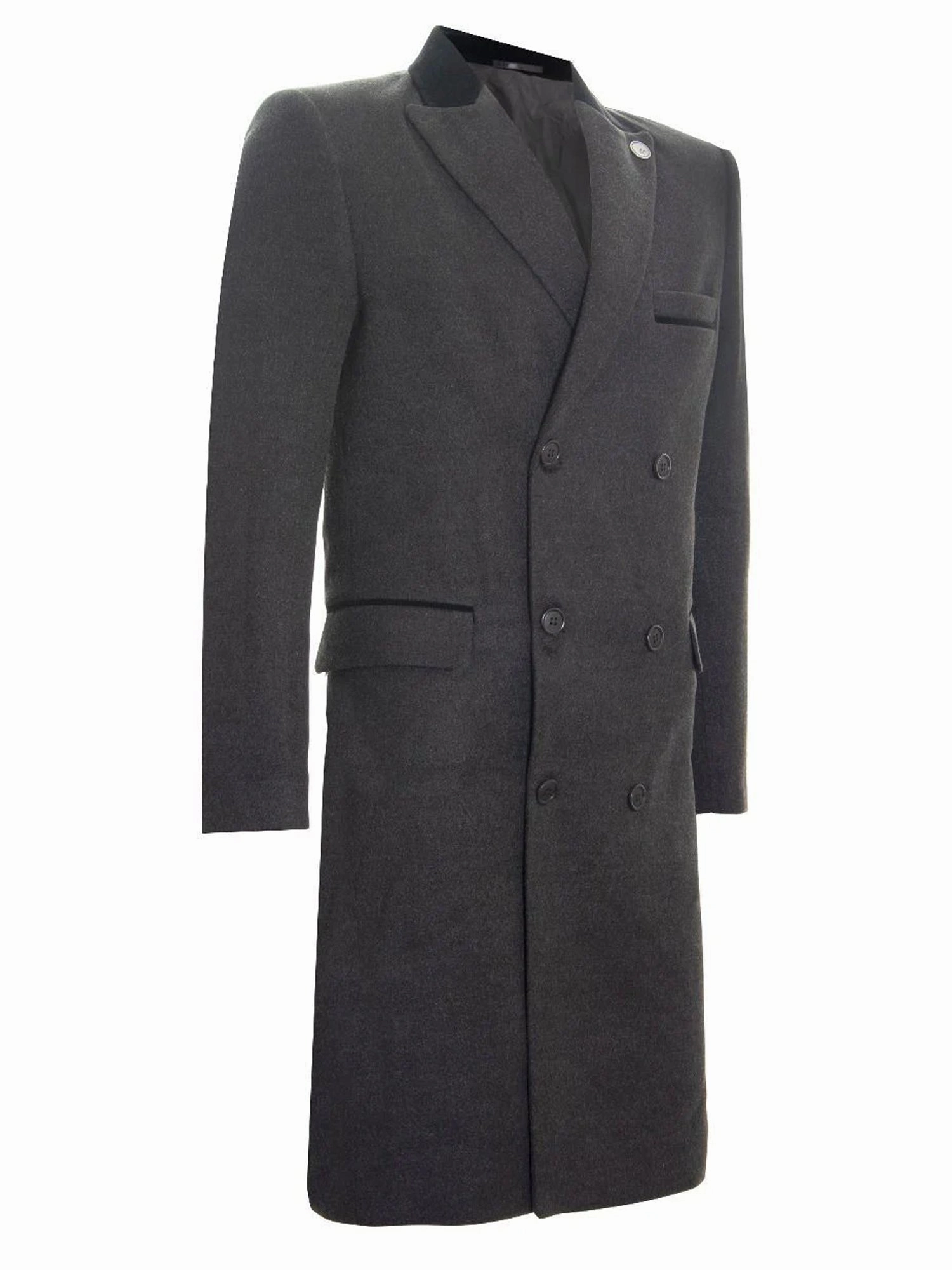 Mens 3/4 Grey Long Double Breasted Crombie Overcoat Wool Coat Peaky Blinders