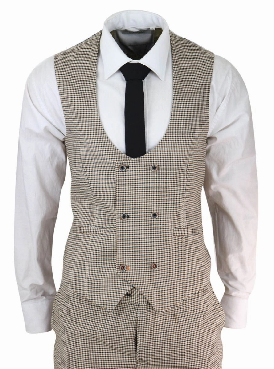Mens 3 Piece Beige Check Retro Vintage Classic Suit