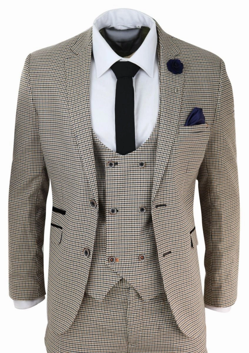 Mens 3 Piece Beige Check Retro Vintage Classic Suit